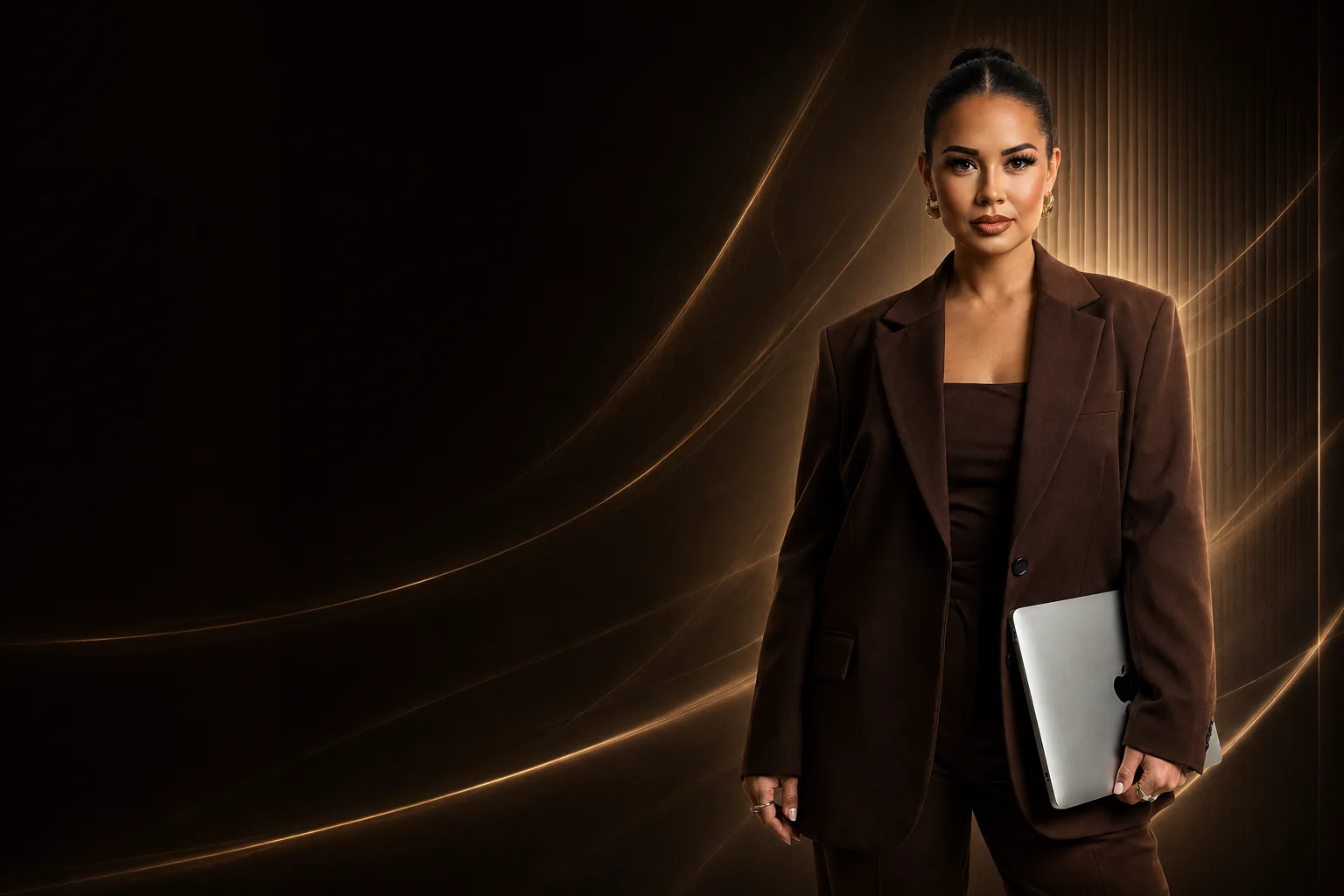 Anna Sivén, founder of Velisi and Sales Performance Sprint coach, in a dark studio with champagne-gold light trails