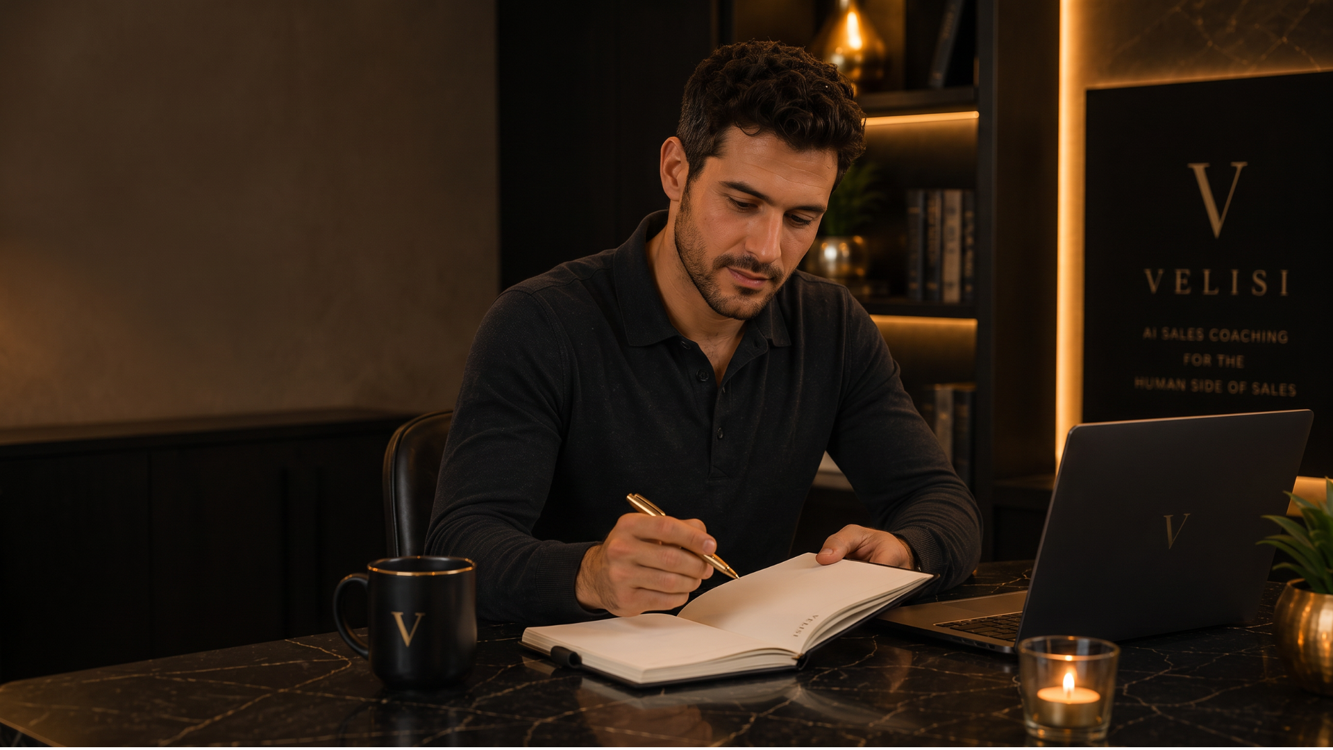 Sales rep preparing for a call with a laptop and notebook