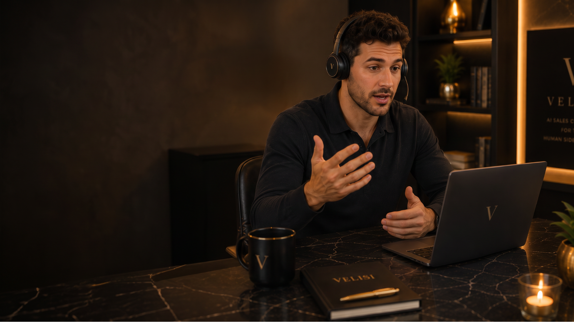 Sales rep focused on a live conversation while wearing a headset