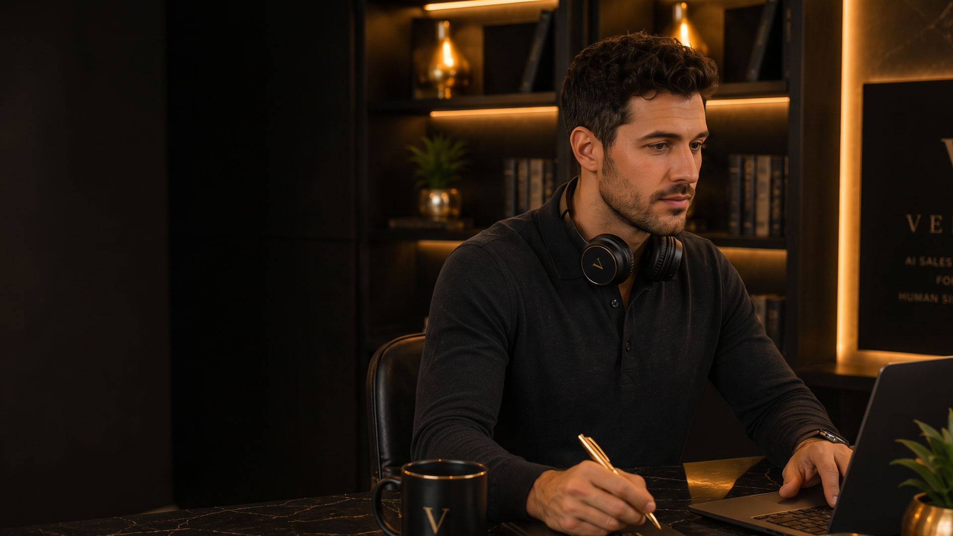 Sales rep thoughtfully reviewing a completed call