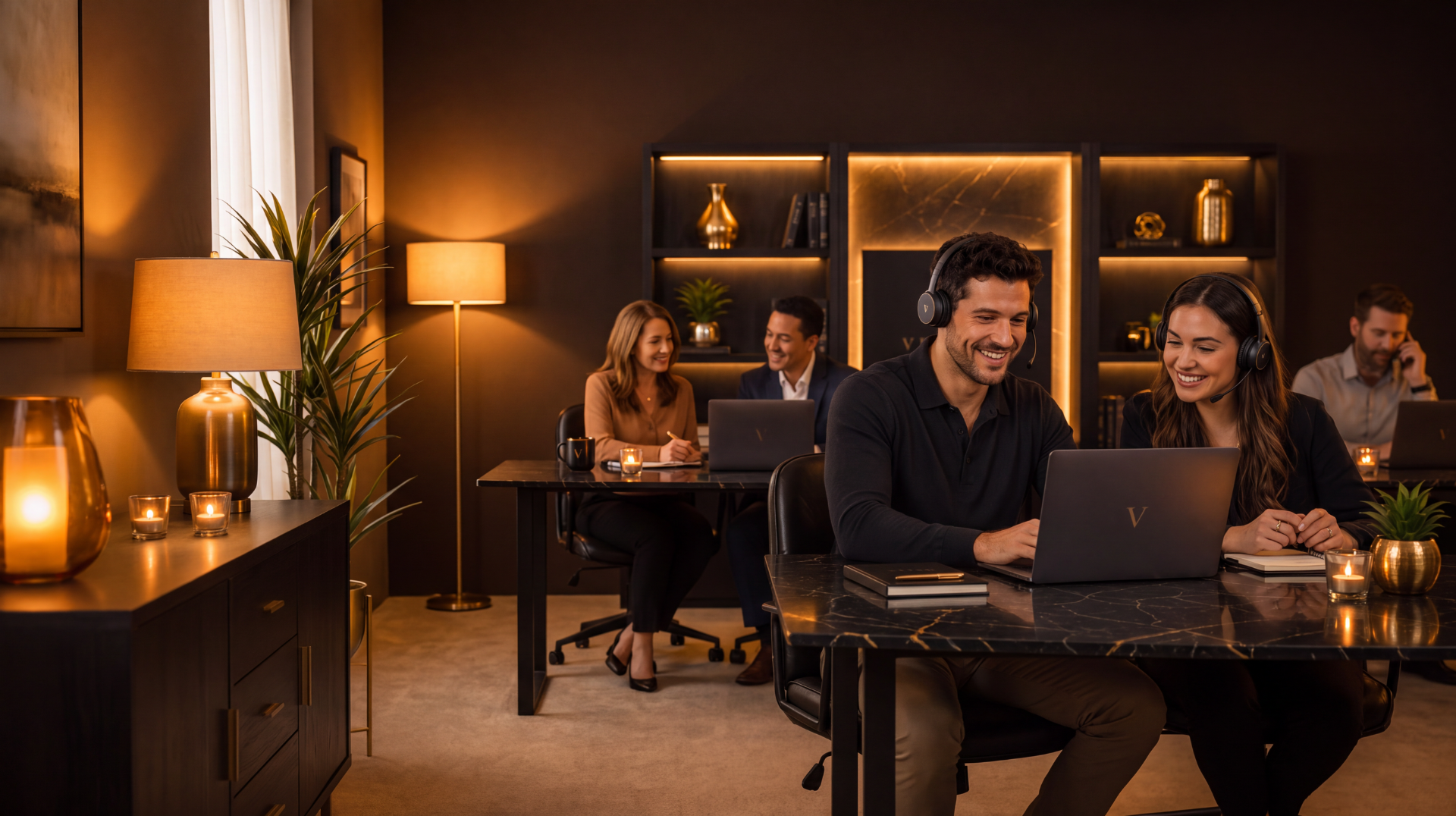 A sales team and their manager working together in a dark premium office